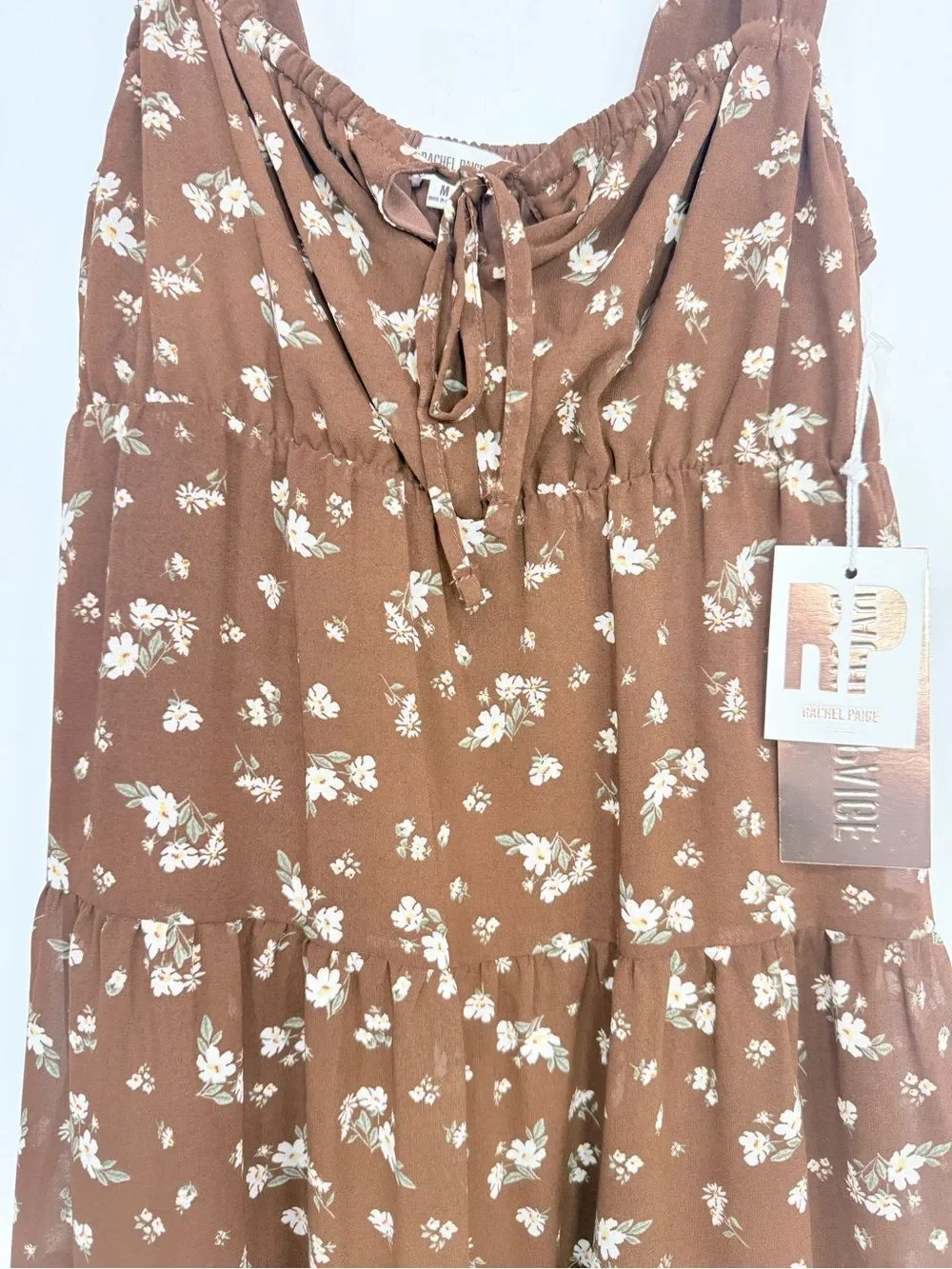 Rachel Paige Brown White Floral Baby Doll Cottage Core Tiered Mini Dress NEW
